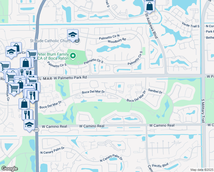 map of restaurants, bars, coffee shops, grocery stores, and more near 19 Longboat Lane West in Boca Raton