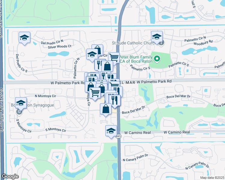 map of restaurants, bars, coffee shops, grocery stores, and more near 22121 Florida 845 in Boca Raton