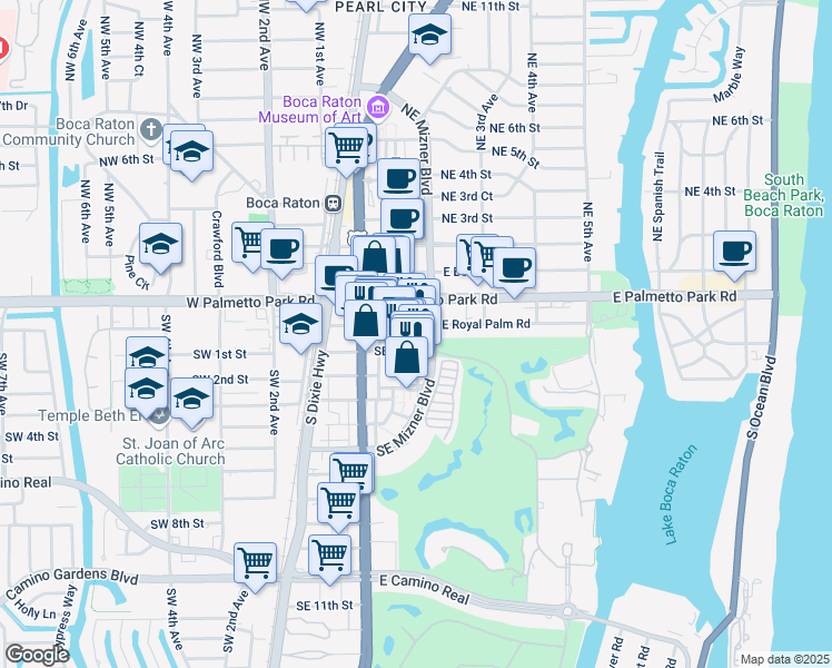 map of restaurants, bars, coffee shops, grocery stores, and more near 109 Plaza Real South in Boca Raton
