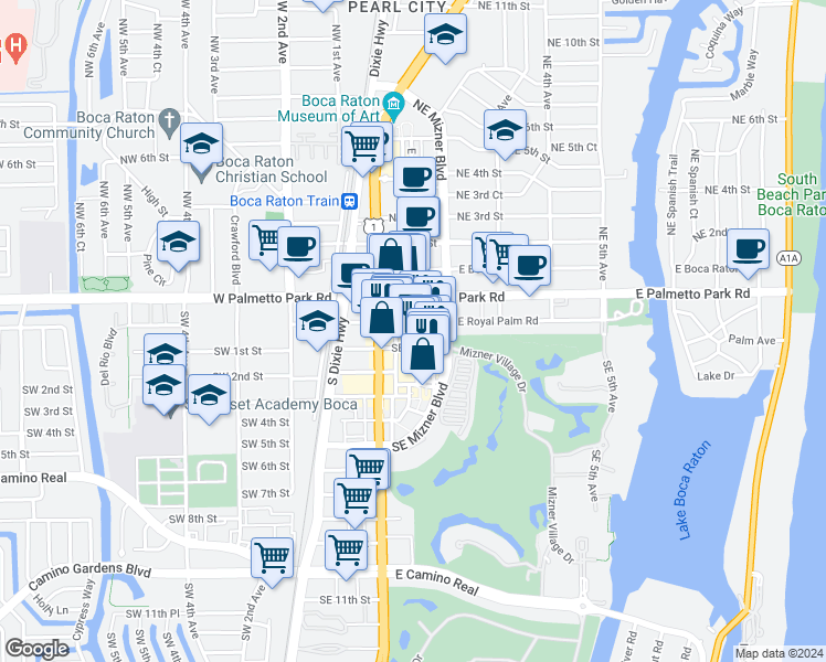 map of restaurants, bars, coffee shops, grocery stores, and more near 101 Plaza Real South in Boca Raton