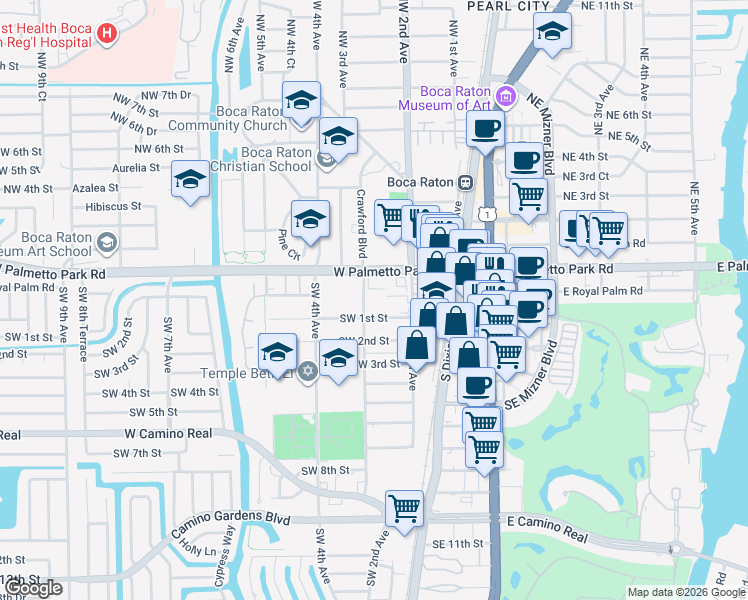 map of restaurants, bars, coffee shops, grocery stores, and more near 50 Southwest 3rd Avenue in Boca Raton