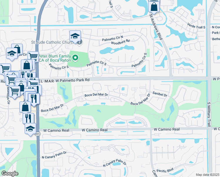 map of restaurants, bars, coffee shops, grocery stores, and more near 19 Longboat Lane West in Boca Raton
