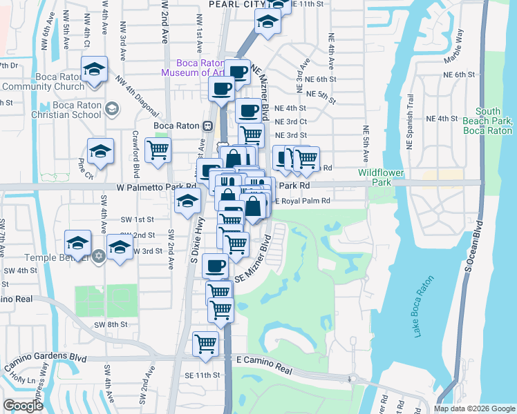map of restaurants, bars, coffee shops, grocery stores, and more near 101 Plaza Real South in Boca Raton