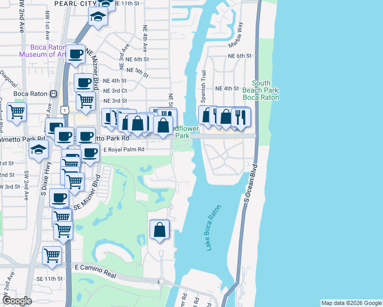 map of restaurants, bars, coffee shops, grocery stores, and more near 100 Southeast 5th Avenue in Boca Raton