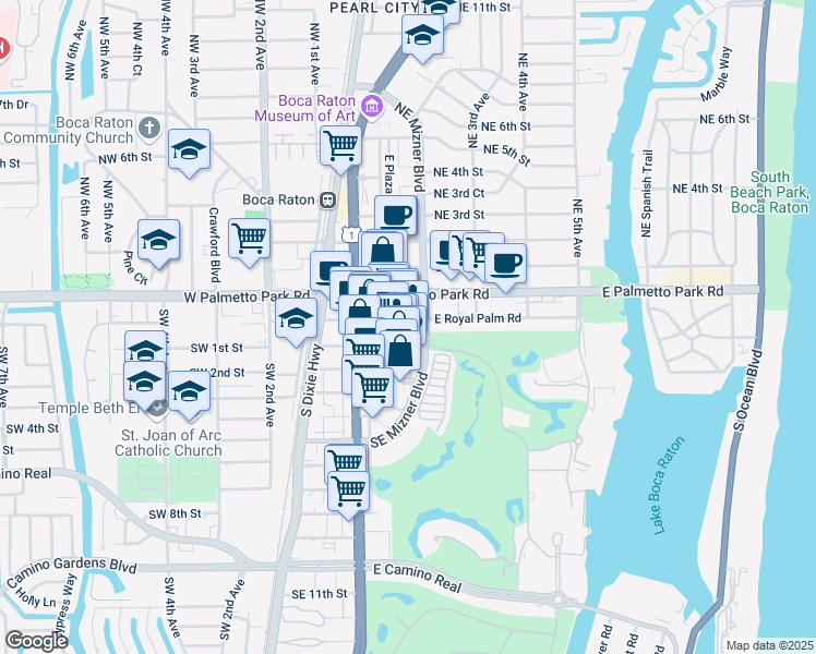 map of restaurants, bars, coffee shops, grocery stores, and more near 101 Plaza Real South in Boca Raton