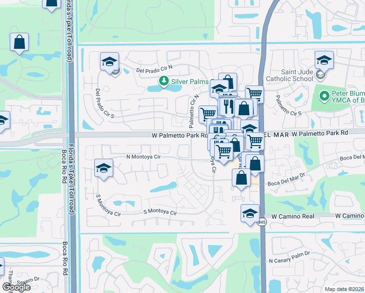 map of restaurants, bars, coffee shops, grocery stores, and more near 107 Las Brisas Circle in Boca Raton