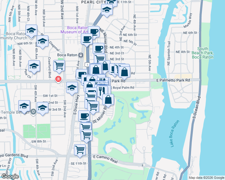 map of restaurants, bars, coffee shops, grocery stores, and more near 200 East Royal Palm Road in Boca Raton