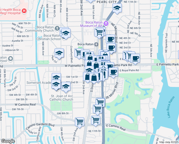 map of restaurants, bars, coffee shops, grocery stores, and more near 100 West Royal Palm Road in Boca Raton