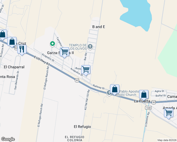 map of restaurants, bars, coffee shops, grocery stores, and more near 255 Barranco Street in Rio Grande City
