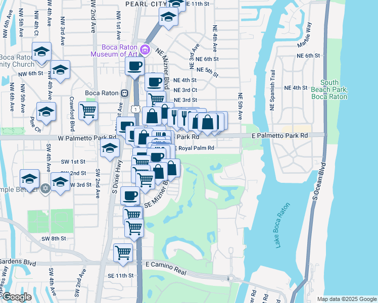 map of restaurants, bars, coffee shops, grocery stores, and more near 250 East Royal Palm Road in Boca Raton