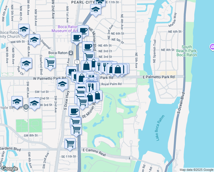 map of restaurants, bars, coffee shops, grocery stores, and more near 250 East Royal Palm Road in Boca Raton
