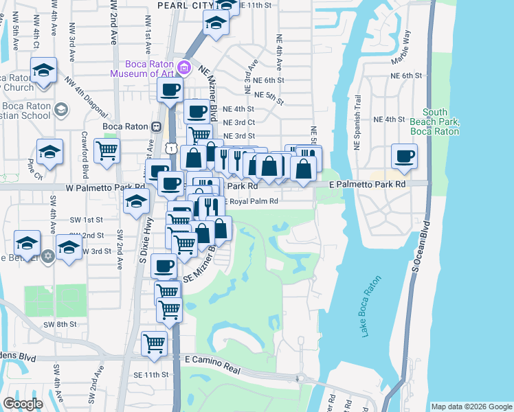 map of restaurants, bars, coffee shops, grocery stores, and more near 320 East Royal Palm Road in Boca Raton