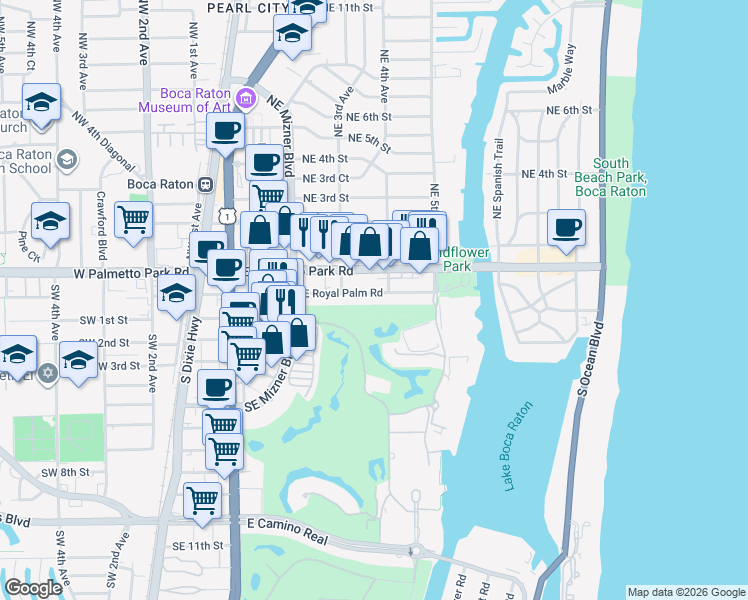 map of restaurants, bars, coffee shops, grocery stores, and more near 320 East Royal Palm Road in Boca Raton