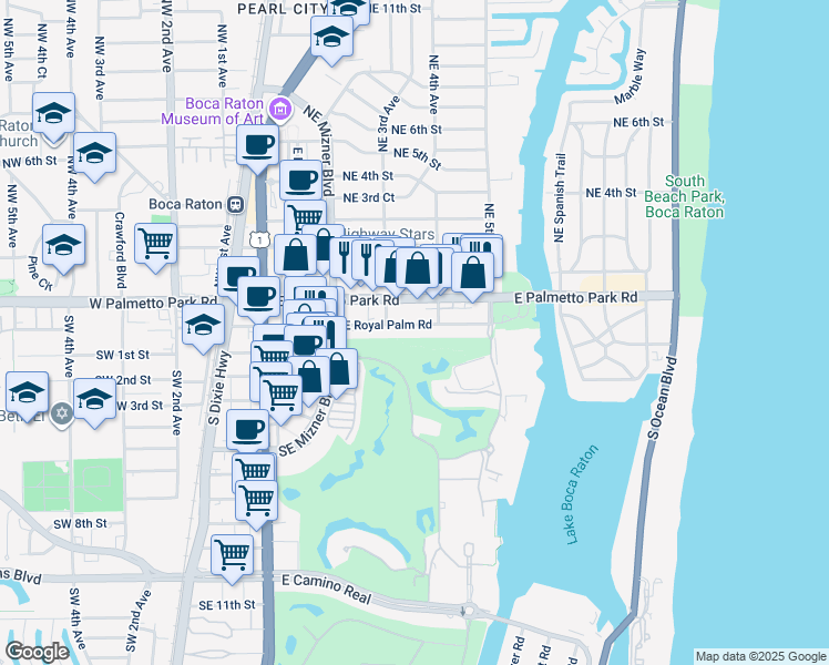 map of restaurants, bars, coffee shops, grocery stores, and more near 320 East Royal Palm Road in Boca Raton