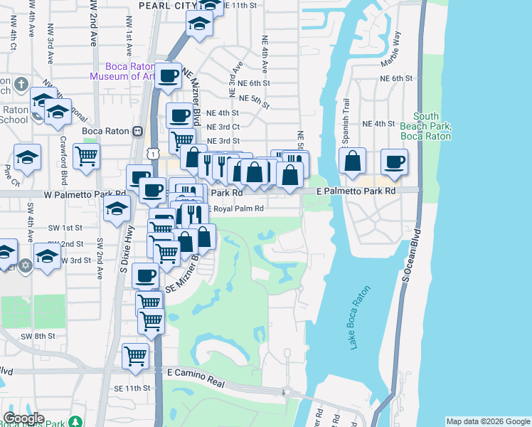 map of restaurants, bars, coffee shops, grocery stores, and more near 442 East Royal Palm Road in Boca Raton