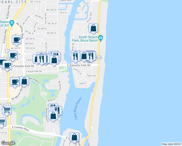 map of restaurants, bars, coffee shops, grocery stores, and more near 195 Southeast Wavecrest Way in Boca Raton