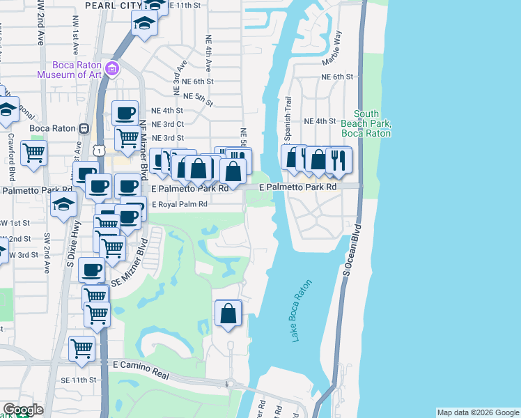 map of restaurants, bars, coffee shops, grocery stores, and more near 100 Southeast 5th Avenue in Boca Raton