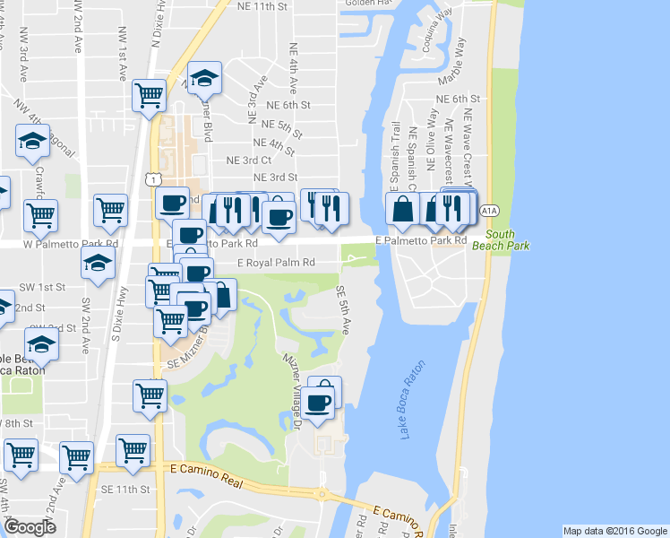 map of restaurants, bars, coffee shops, grocery stores, and more near 300 Southeast 5th Avenue in Boca Raton