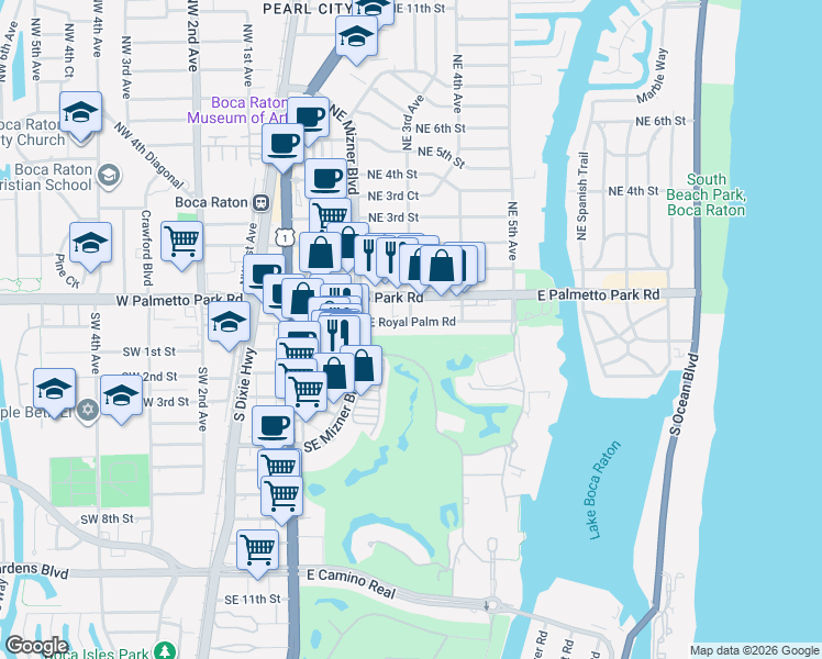 map of restaurants, bars, coffee shops, grocery stores, and more near 250 East Royal Palm Road in Boca Raton
