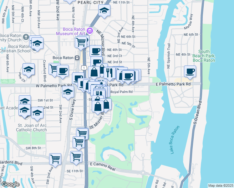 map of restaurants, bars, coffee shops, grocery stores, and more near 250 East Royal Palm Road in Boca Raton