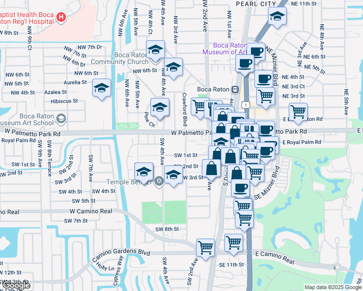 map of restaurants, bars, coffee shops, grocery stores, and more near 300 West Palmetto Park Road in Boca Raton