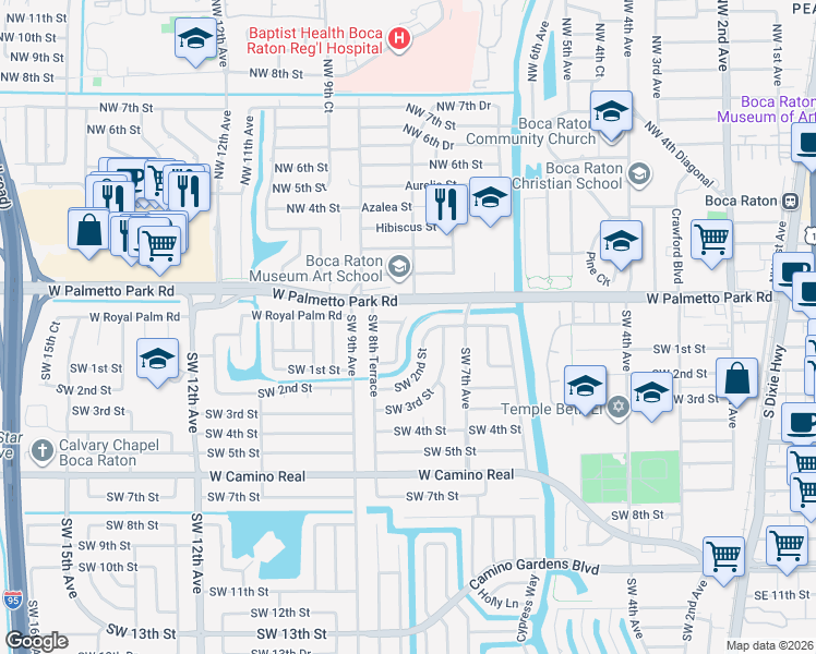 map of restaurants, bars, coffee shops, grocery stores, and more near 125 Southwest 8th Avenue in Boca Raton