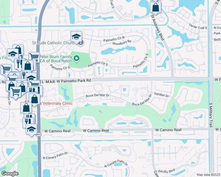 map of restaurants, bars, coffee shops, grocery stores, and more near 19 Longboat Lane West in Boca Raton