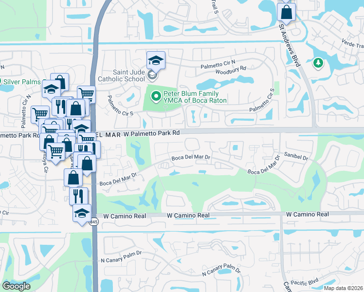 map of restaurants, bars, coffee shops, grocery stores, and more near 6543 Burning Wood Drive in Boca Raton