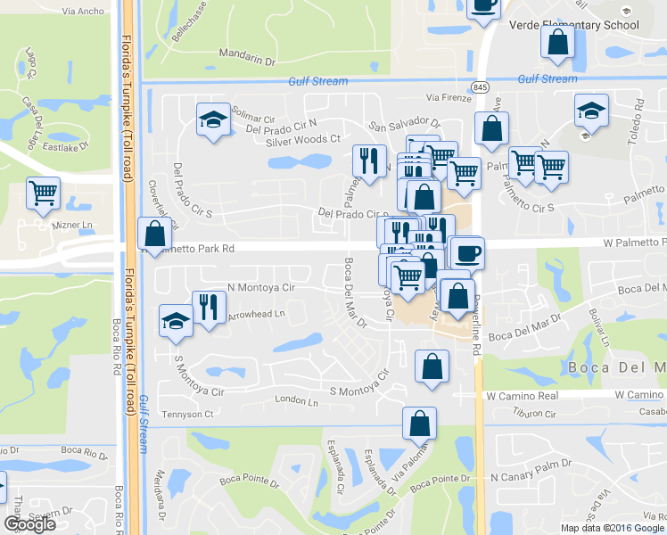 map of restaurants, bars, coffee shops, grocery stores, and more near 107 Las Brisas Circle in Boca Raton