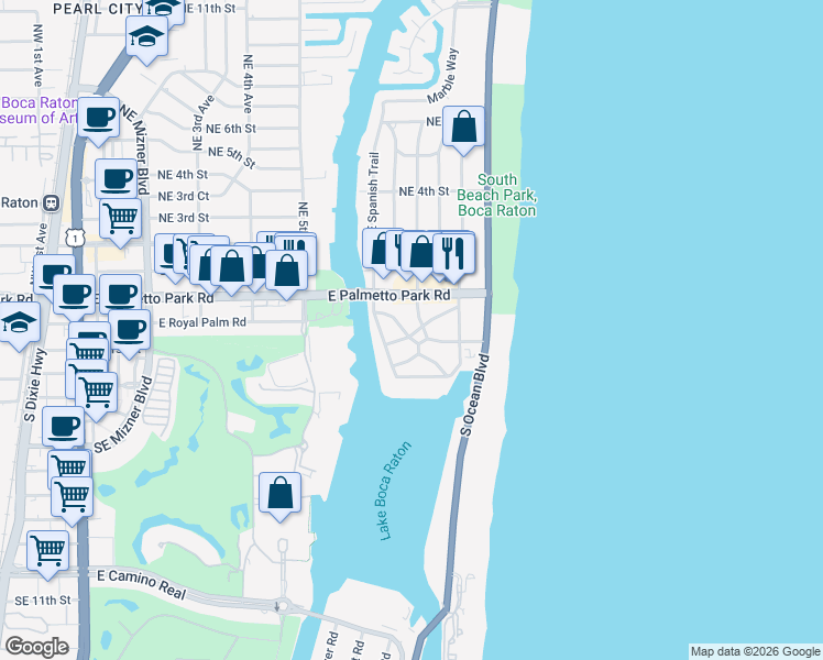 map of restaurants, bars, coffee shops, grocery stores, and more near 799 Park Drive West in Boca Raton