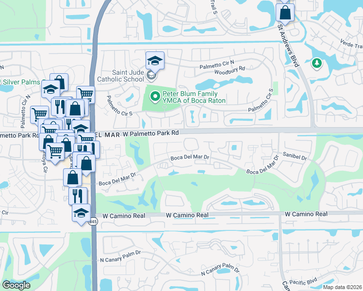 map of restaurants, bars, coffee shops, grocery stores, and more near 6543 Burning Wood Drive in Boca Raton