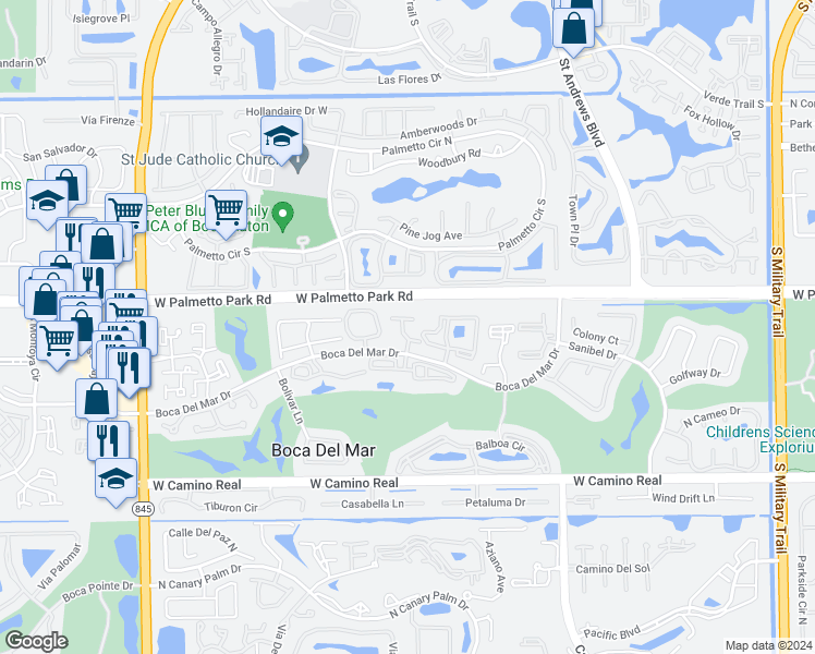 map of restaurants, bars, coffee shops, grocery stores, and more near 19 Longboat Lane West in Boca Raton
