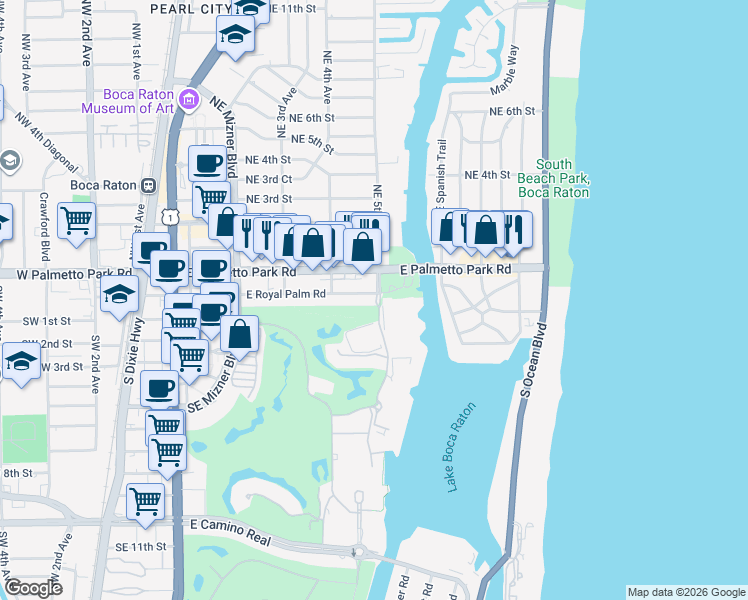 map of restaurants, bars, coffee shops, grocery stores, and more near 300 Southeast 5th Avenue in Boca Raton