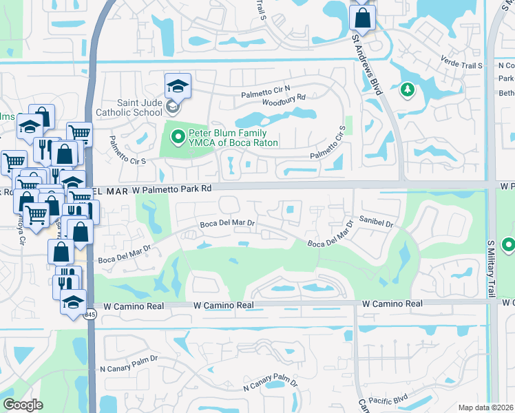map of restaurants, bars, coffee shops, grocery stores, and more near 19 Longboat Lane West in Boca Raton