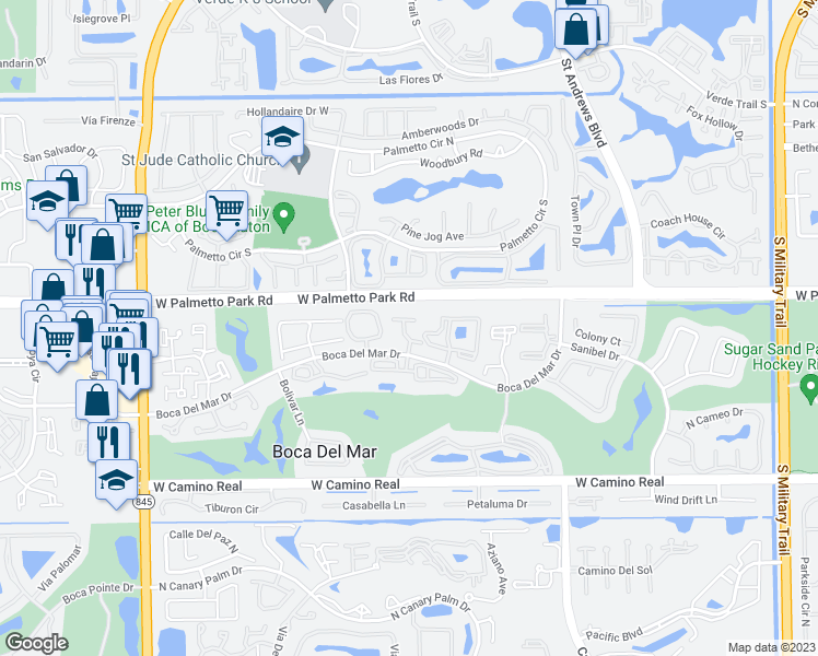 map of restaurants, bars, coffee shops, grocery stores, and more near 6342 Longboat Lane West in Boca Raton