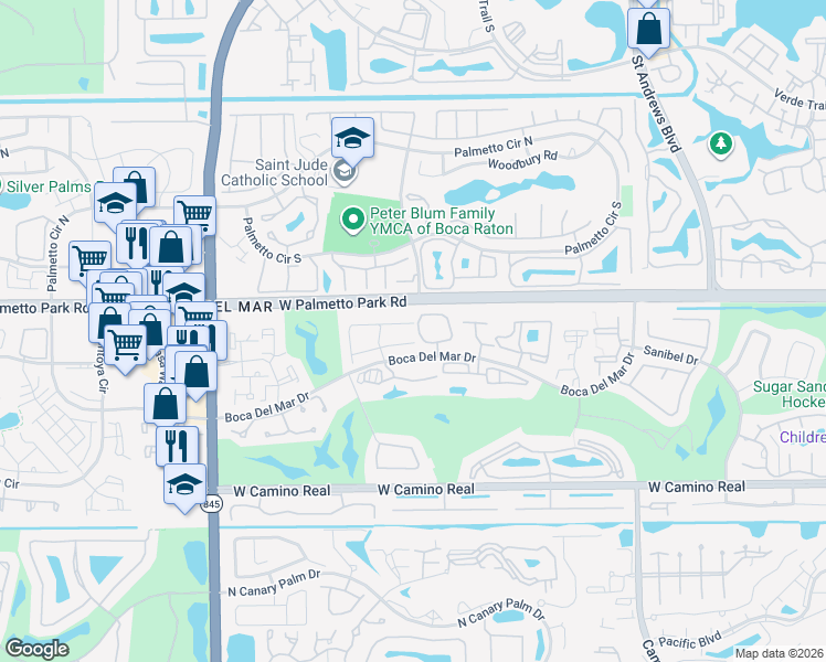 map of restaurants, bars, coffee shops, grocery stores, and more near 6543 Burning Wood Drive in Boca Raton