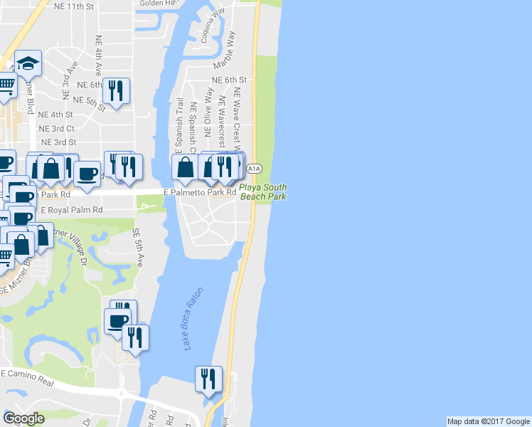 map of restaurants, bars, coffee shops, grocery stores, and more near 250 Ocean Blvd in Boca Raton