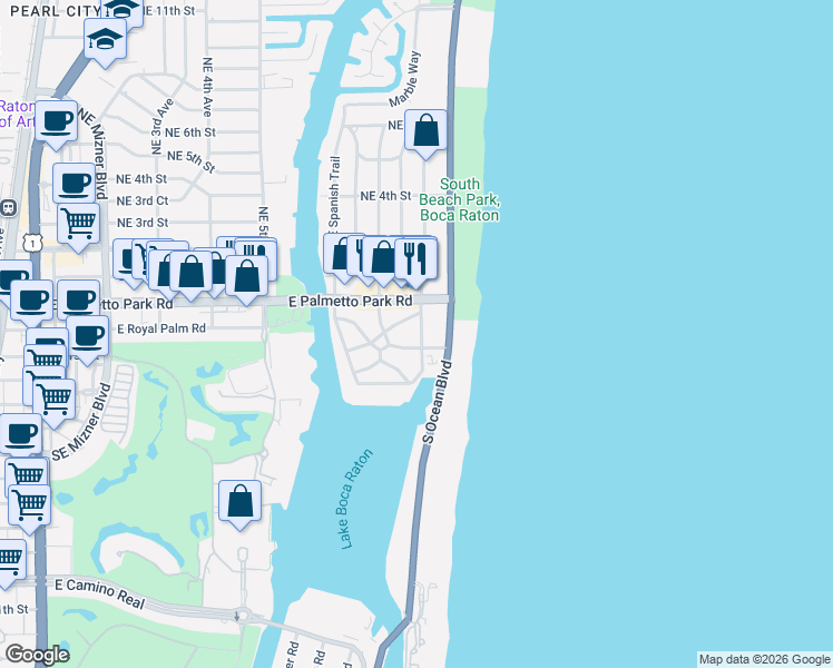 map of restaurants, bars, coffee shops, grocery stores, and more near 195 Southeast Wavecrest Way in Boca Raton