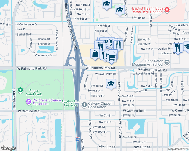 map of restaurants, bars, coffee shops, grocery stores, and more near 1498 West Royal Palm Road in Boca Raton