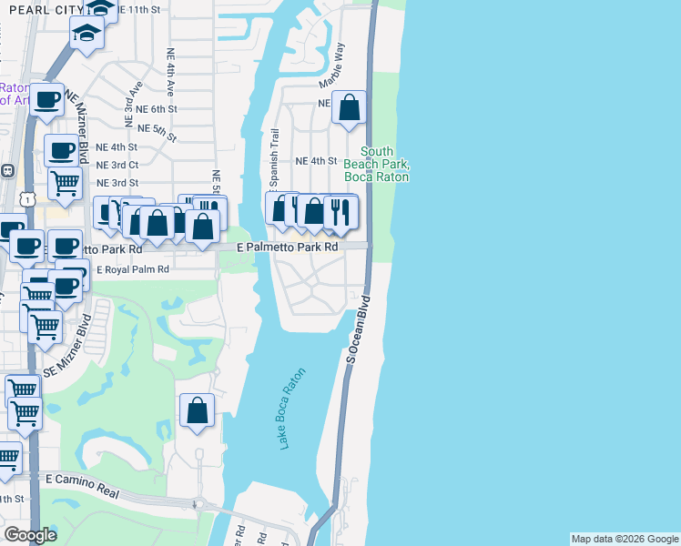map of restaurants, bars, coffee shops, grocery stores, and more near 195 Southeast Wavecrest Way in Boca Raton