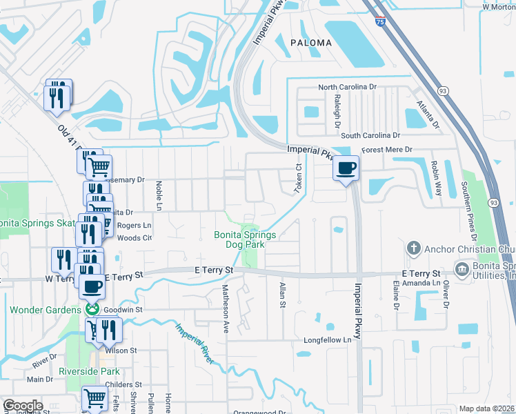 map of restaurants, bars, coffee shops, grocery stores, and more near 11045 New Moon Court in Bonita Springs