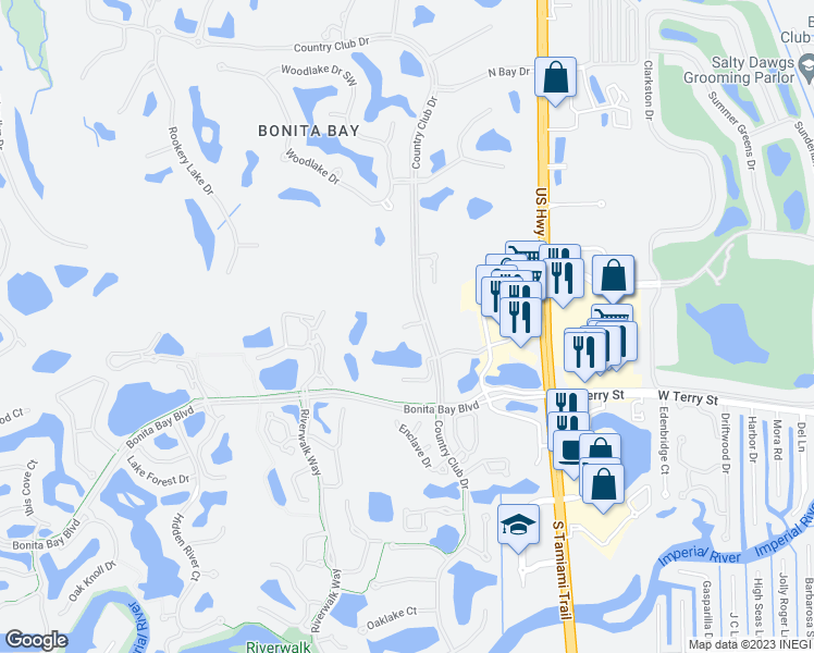 map of restaurants, bars, coffee shops, grocery stores, and more near 3601-3665 Wild Pines Drive in Bonita Springs