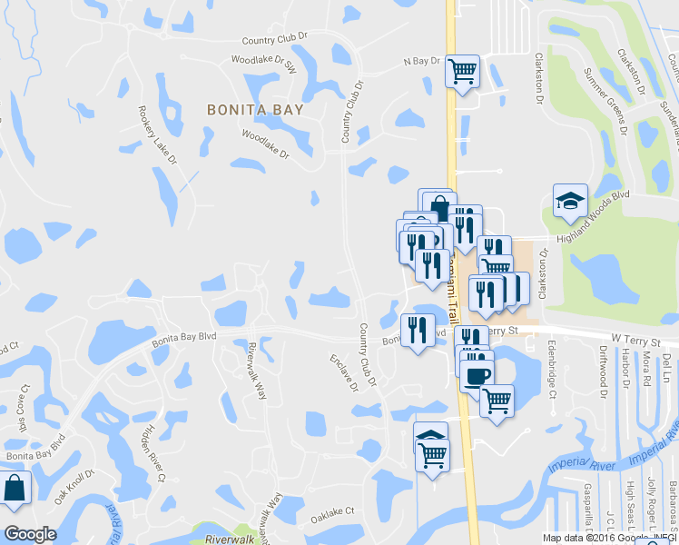 map of restaurants, bars, coffee shops, grocery stores, and more near 3651 Wild Pines Drive in Bonita Springs