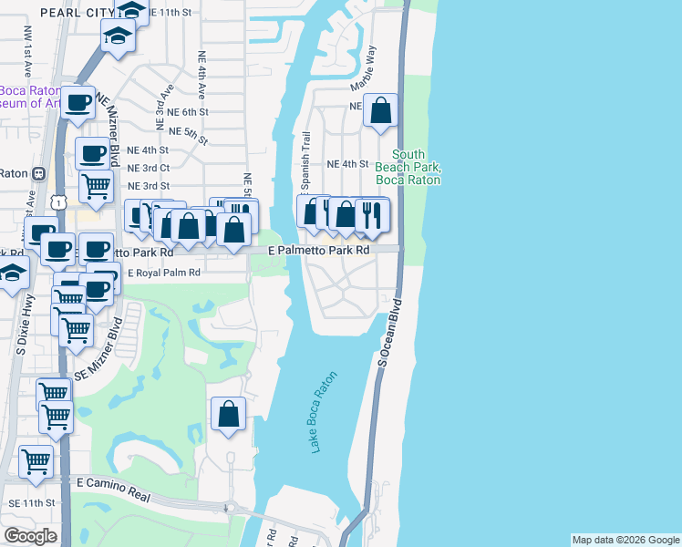 map of restaurants, bars, coffee shops, grocery stores, and more near 109 Southeast Olive Way in Boca Raton