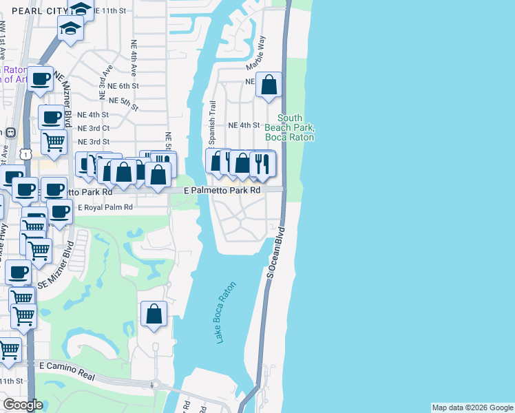 map of restaurants, bars, coffee shops, grocery stores, and more near 195 Southeast Wavecrest Way in Boca Raton