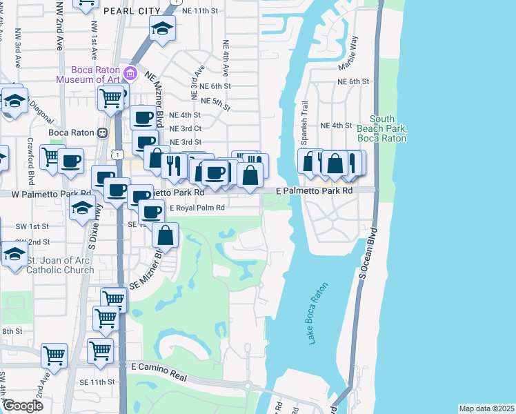 map of restaurants, bars, coffee shops, grocery stores, and more near 300 Southeast 5th Avenue in Boca Raton