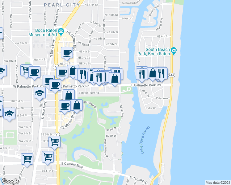 map of restaurants, bars, coffee shops, grocery stores, and more near 300 Southeast 5th Avenue in Boca Raton