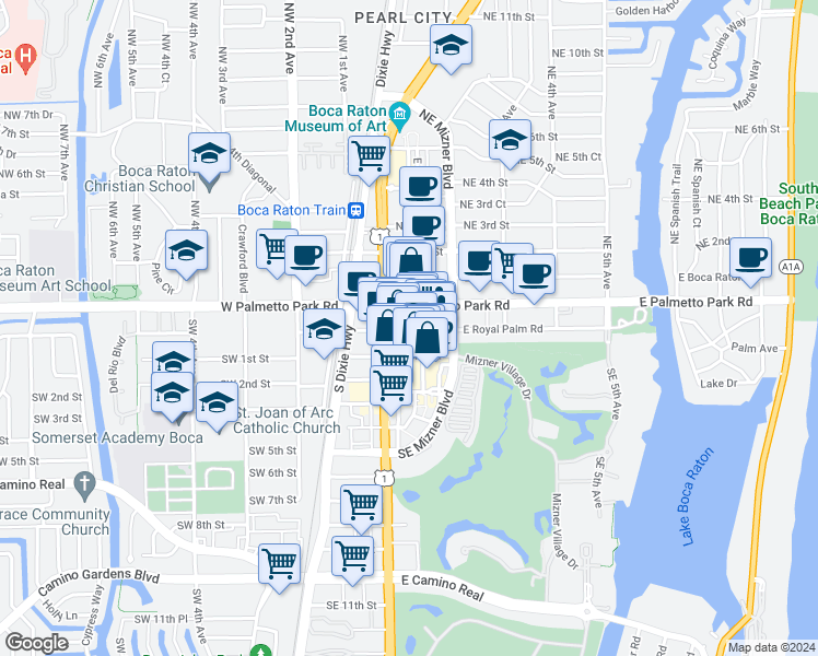 map of restaurants, bars, coffee shops, grocery stores, and more near 101 Plaza Real South in Boca Raton