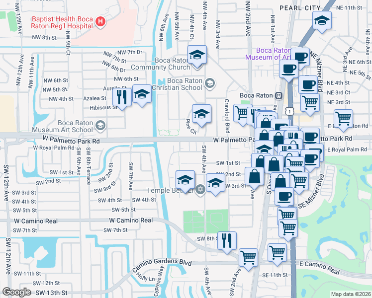 map of restaurants, bars, coffee shops, grocery stores, and more near 477 Southwest 1st Street in Boca Raton