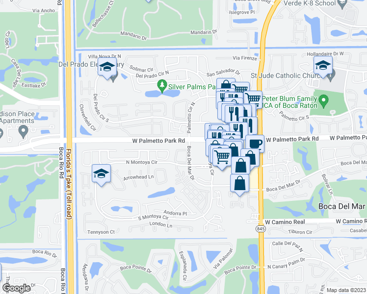 map of restaurants, bars, coffee shops, grocery stores, and more near 22046 Las Brisas Circle in Boca Raton